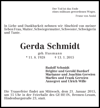 Traueranzeige von Gerda Schmidt