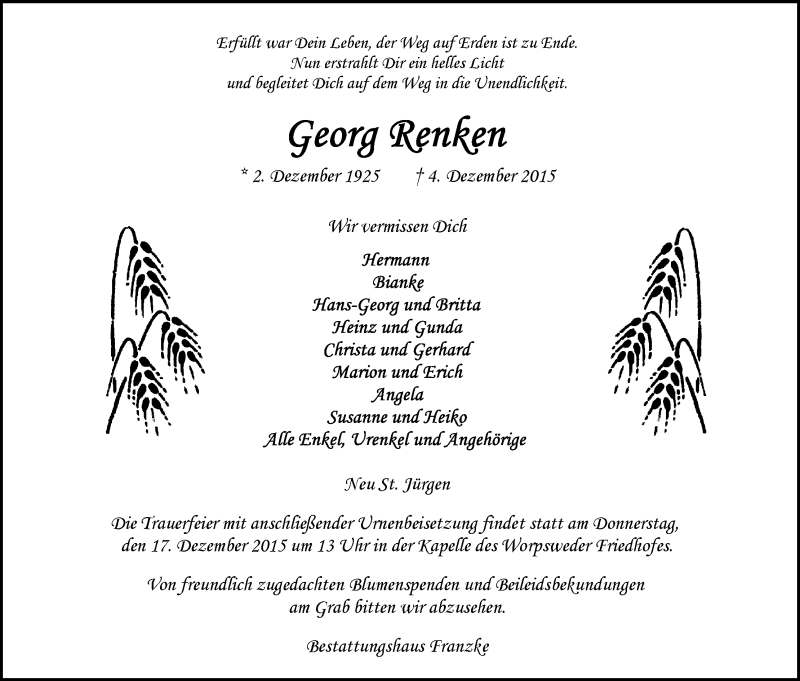 Traueranzeige von Georg Renken von Wuemme Zeitung