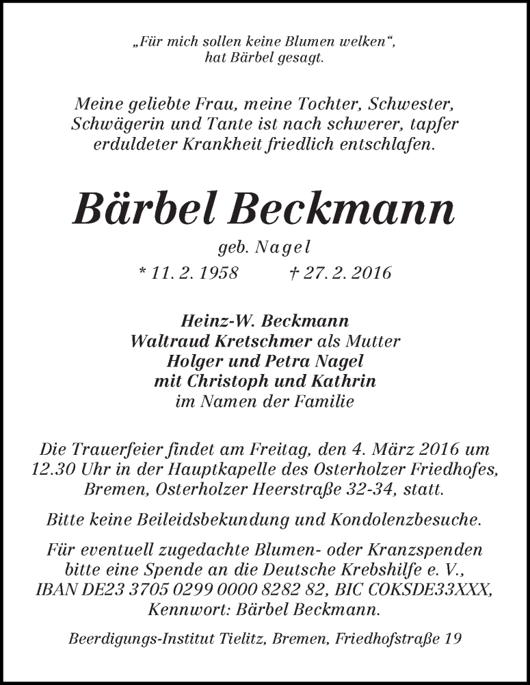 Traueranzeige von Bärbel Beckmann von WESER-KURIER