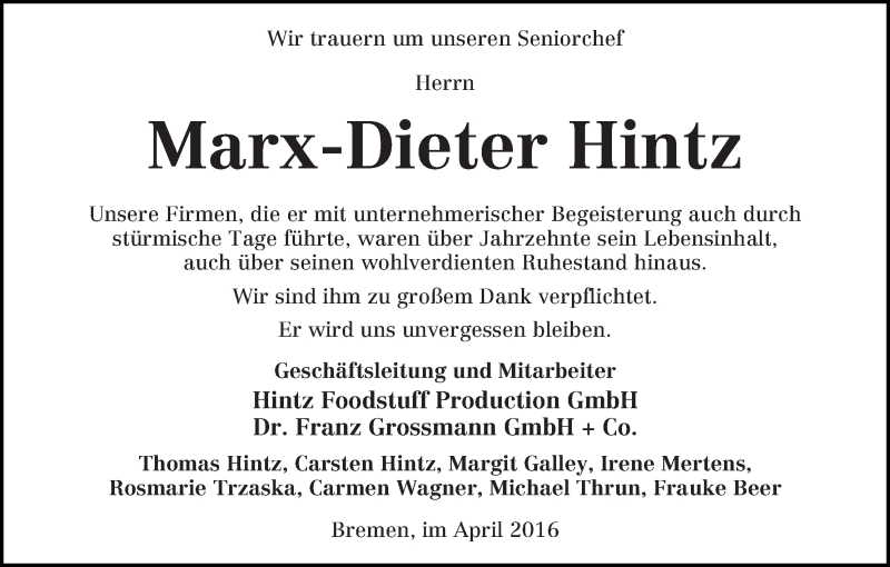 Traueranzeige von Marx-Dieter Hintz von WESER-KURIER