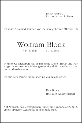 Traueranzeige von Wolfram Block