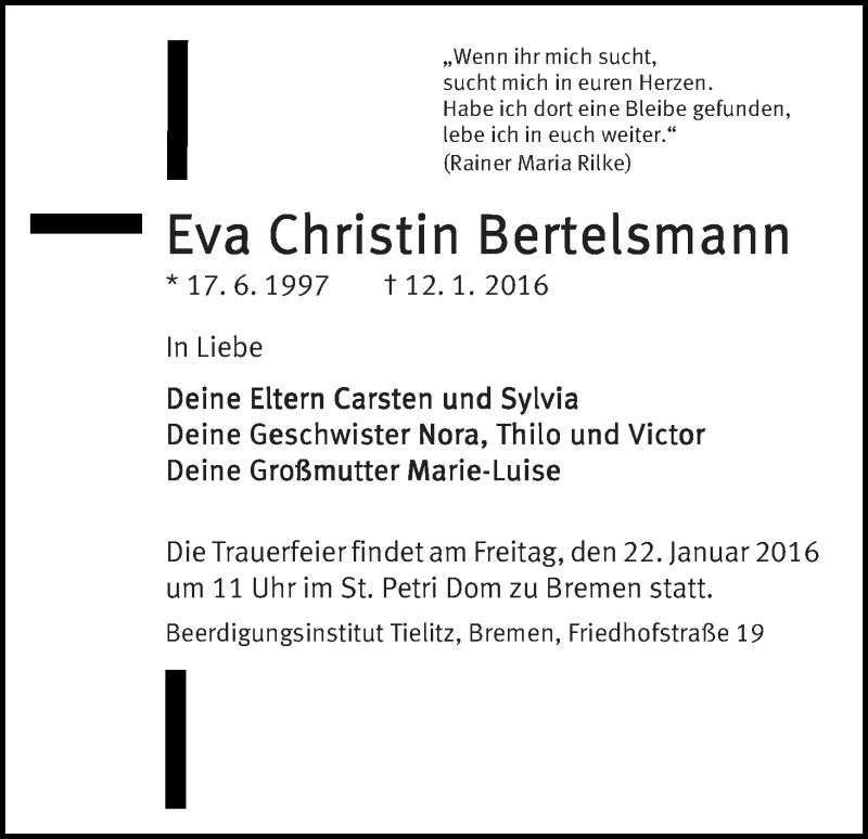  Traueranzeige für Eva Christin Bertelsmann vom 16.01.2016 aus WESER-KURIER