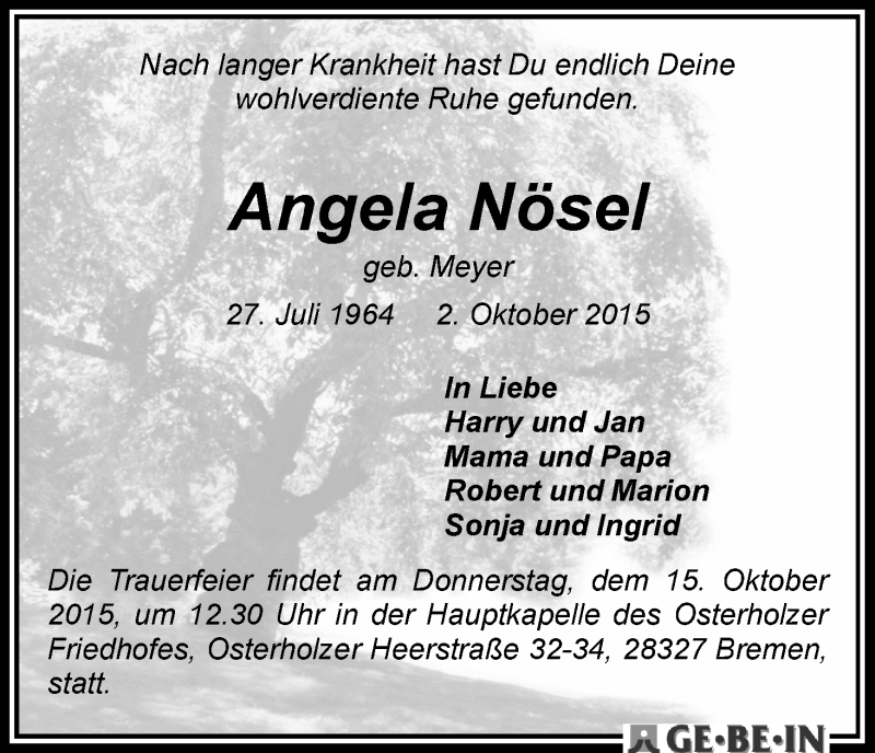  Traueranzeige für Angela Nösel vom 10.10.2015 aus WESER-KURIER