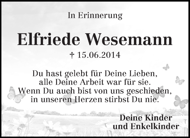 Traueranzeige von Elfriede Wesemann von WESER-KURIER