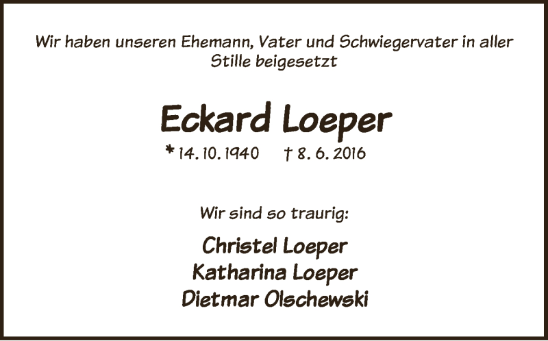  Traueranzeige für Eckard Loeper vom 01.07.2016 aus WESER-KURIER