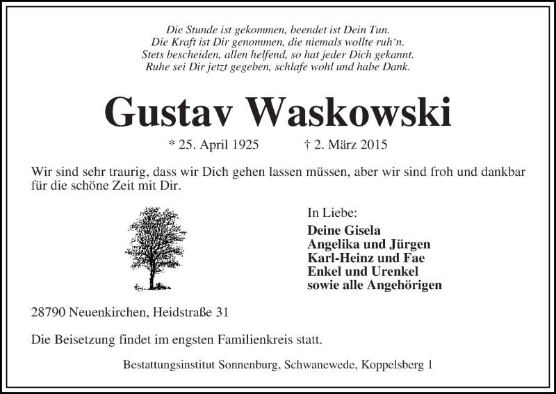 Traueranzeige von Gustav Waskowski von Die Norddeutsche