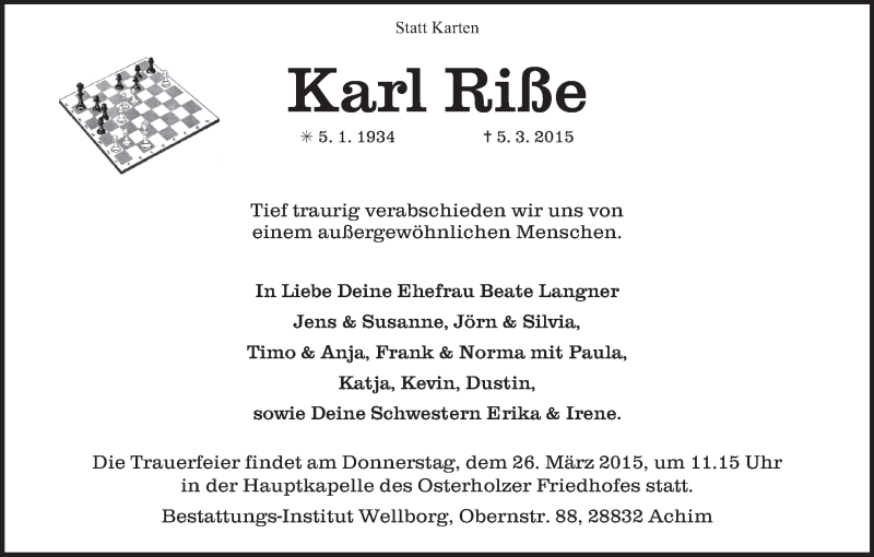 Traueranzeige von Karl Riße von WESER-KURIER