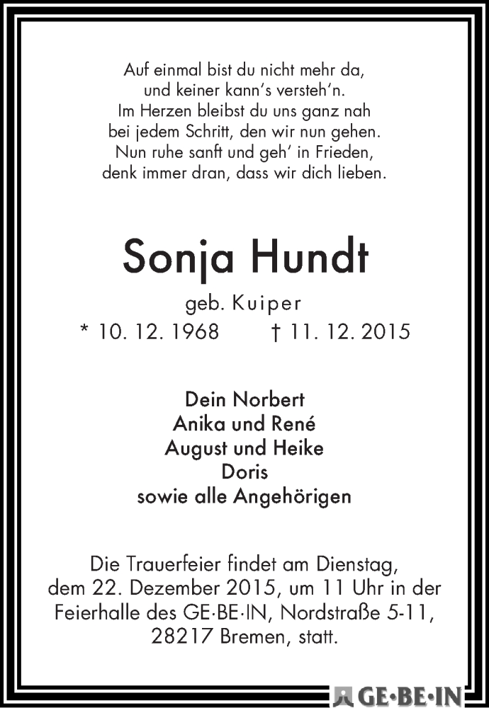  Traueranzeige für Sonja Hundt vom 19.12.2015 aus WESER-KURIER