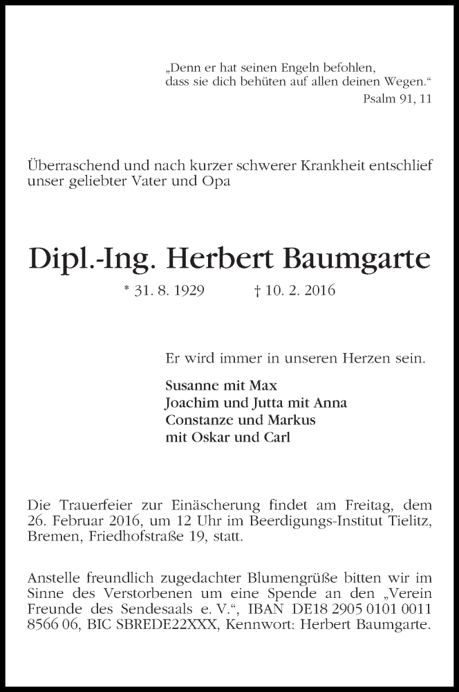 Traueranzeige von Herbert Baumgarte von WESER-KURIER