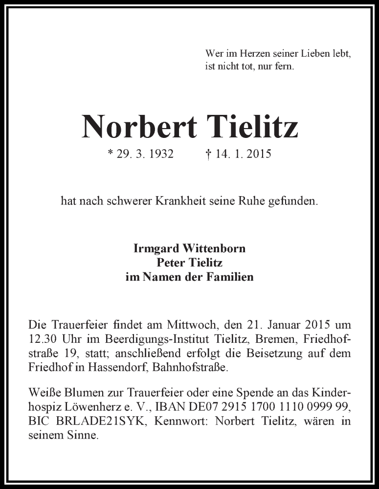  Traueranzeige für Norbert Tielitz vom 17.01.2015 aus WESER-KURIER