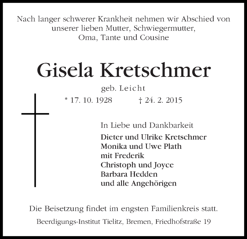 Traueranzeige von Gisela Helene Kretschmer von WESER-KURIER