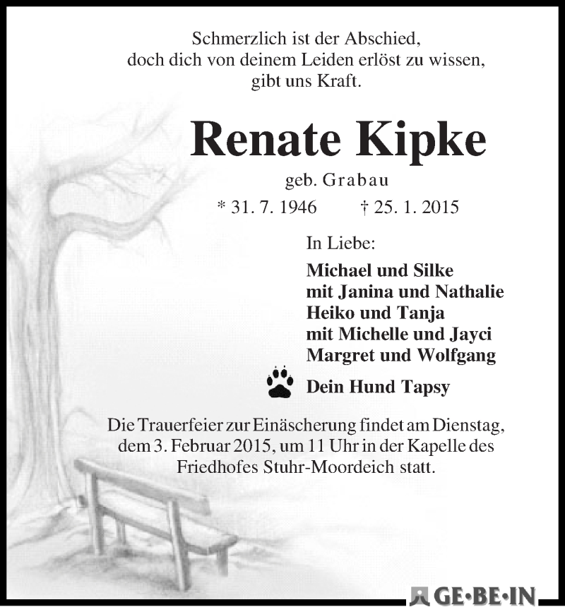 Traueranzeige von Renate Kipke von WESER-KURIER