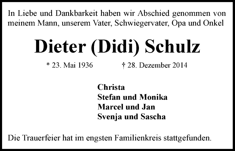 Traueranzeige von Dieter (Didi) Schulz von WESER-KURIER