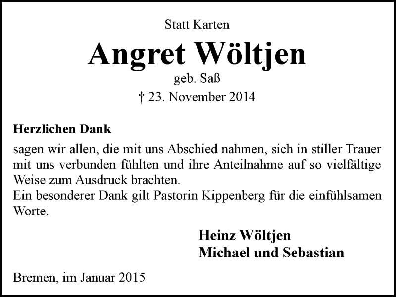 Traueranzeige von Angret Wöltjen von WESER-KURIER