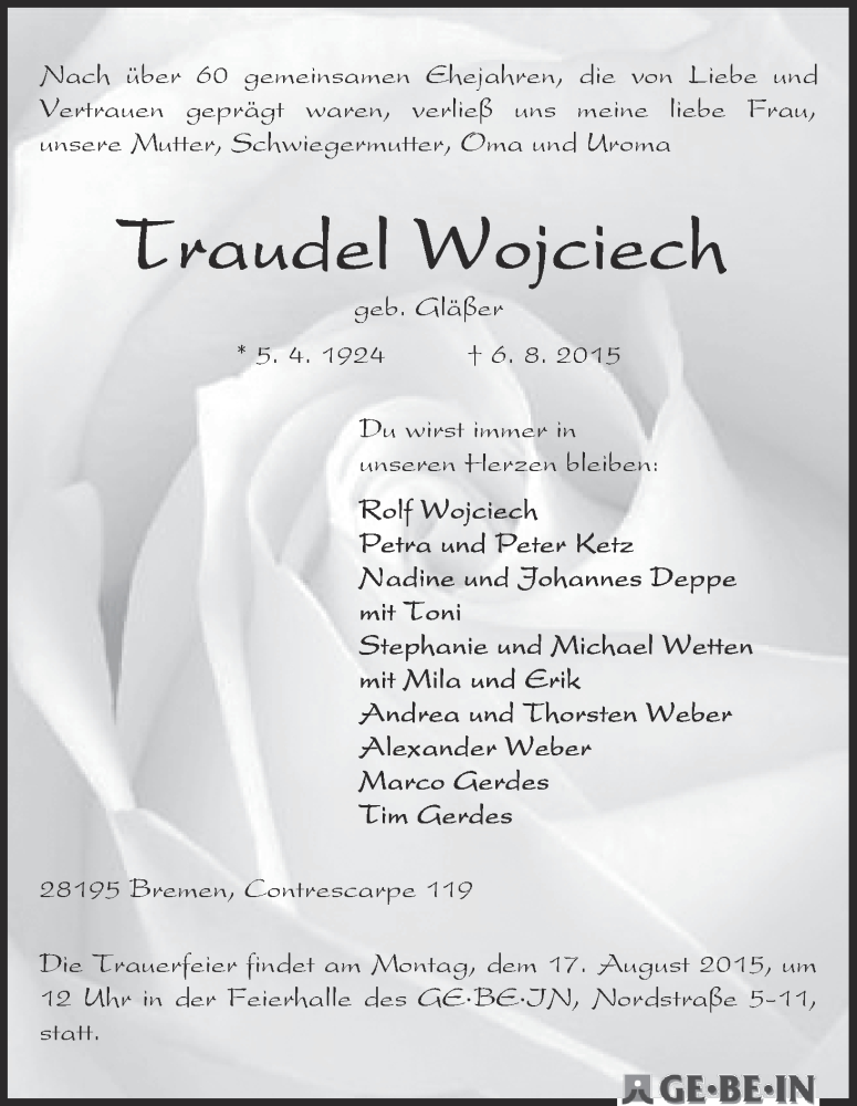 Traueranzeige von Traudel Wojciech von WESER-KURIER
