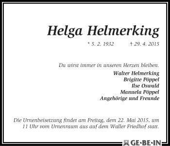 Traueranzeige von Helga Helmerking