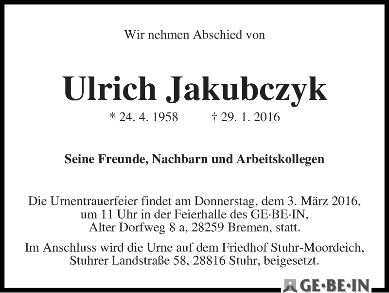 Traueranzeige von Ulrich Jakubczyk von WESER-KURIER