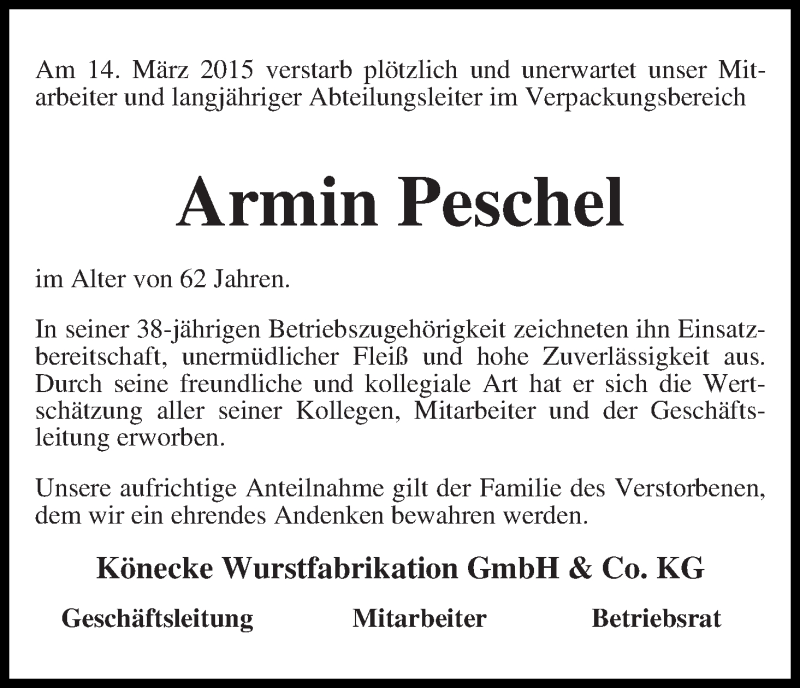  Traueranzeige für Armin Peschel vom 19.03.2015 aus WESER-KURIER