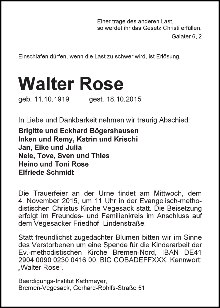 Traueranzeige von Walter Rose von Die Norddeutsche