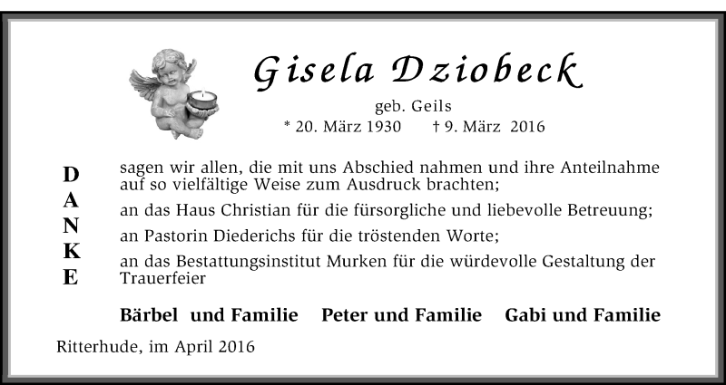 Traueranzeige von Gisela Dziobeck von Osterholzer Kreisblatt