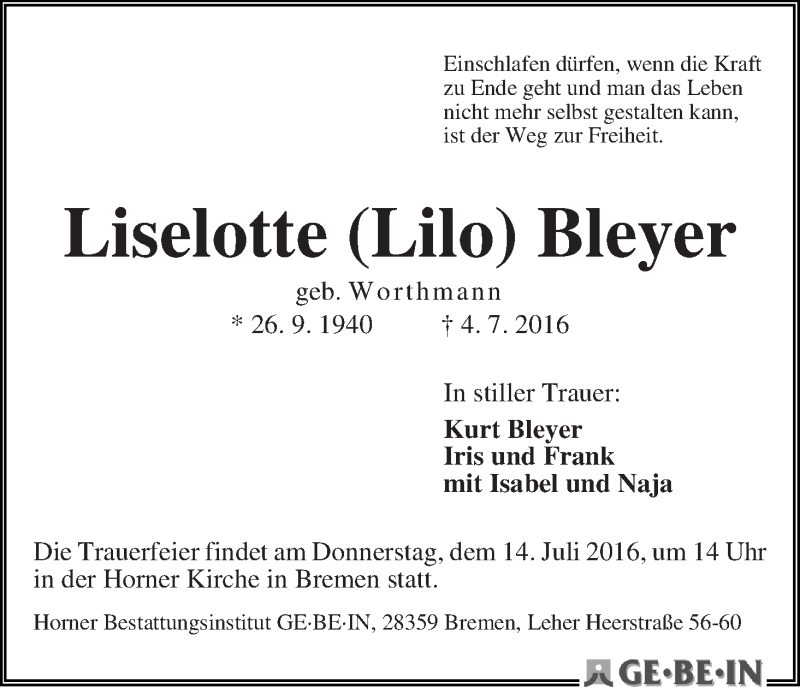 Traueranzeige von Liselotte (Lilo) Bleyer von WESER-KURIER