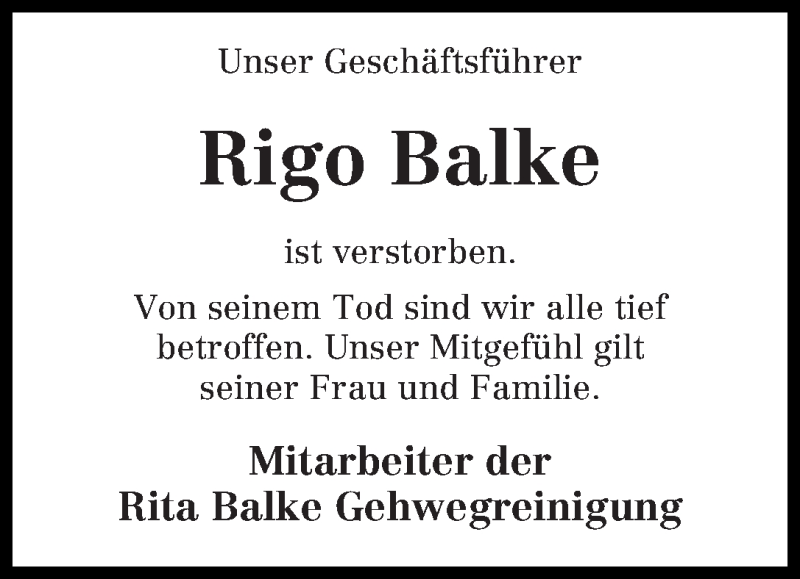 Traueranzeige von Rigo Balke von Die Norddeutsche