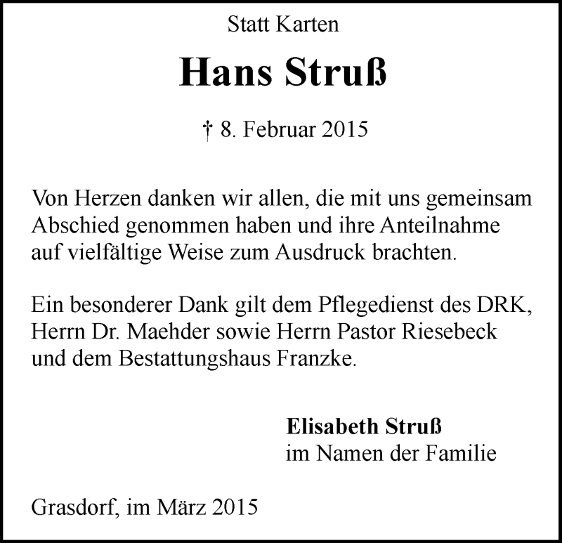 Traueranzeige von Hans Struß von Wuemme Zeitung