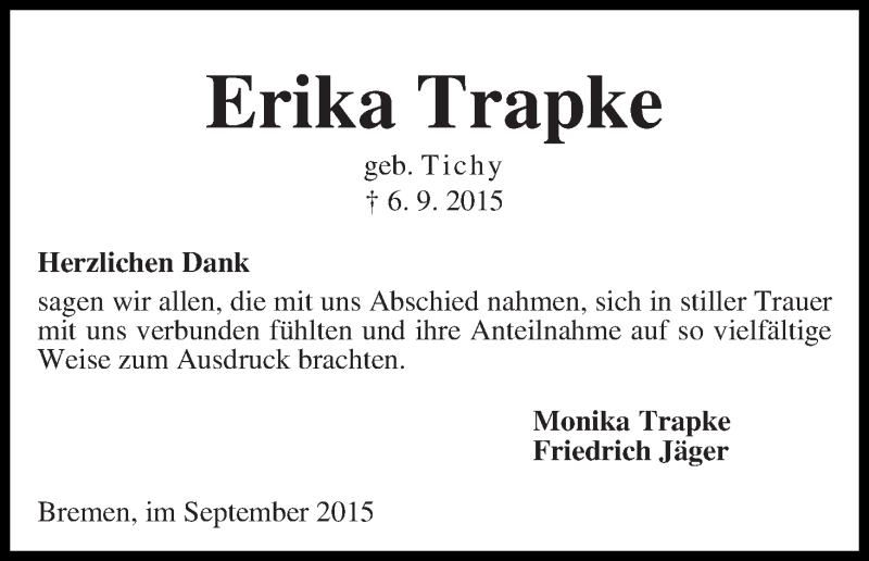 Traueranzeige von Erika Trapke von WESER-KURIER