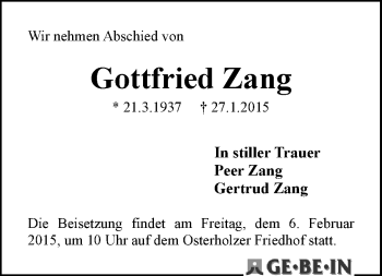 Traueranzeige von Gottfried Zang
