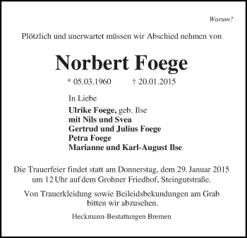 Traueranzeige von Norbert Foege
