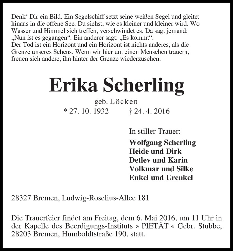 Traueranzeige von Erika Scherling von WESER-KURIER