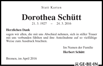 Traueranzeige von Dorothea Schütt