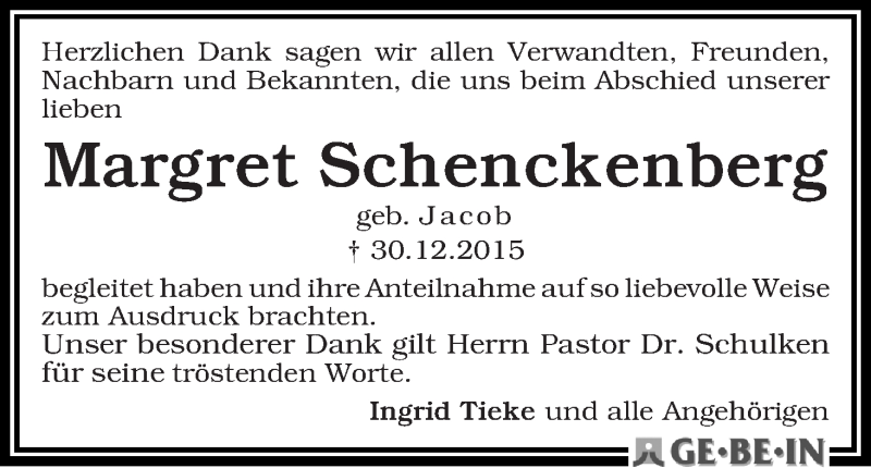 Traueranzeige von Margret Schenckenberg von WESER-KURIER