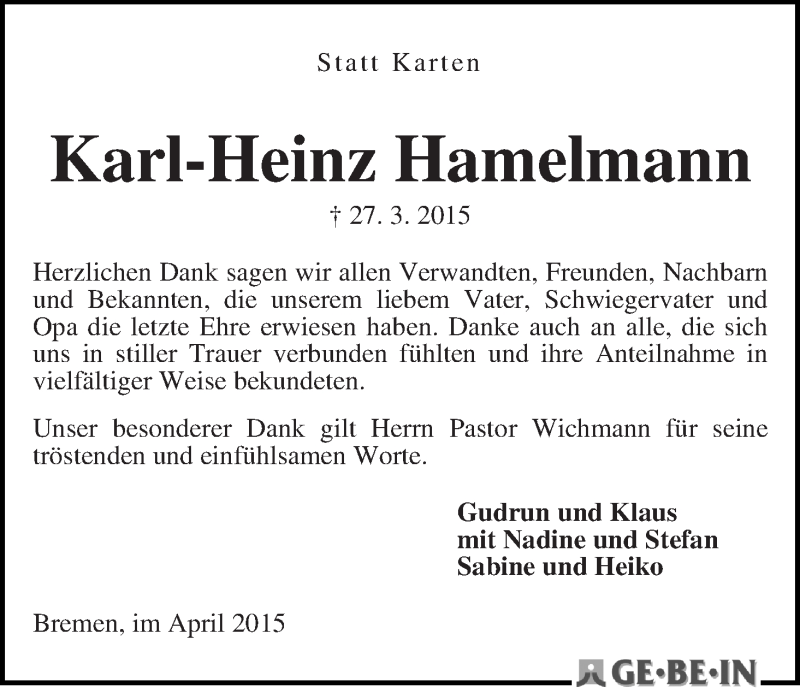 Traueranzeige von Karl-Heinz Hamelmann von WESER-KURIER