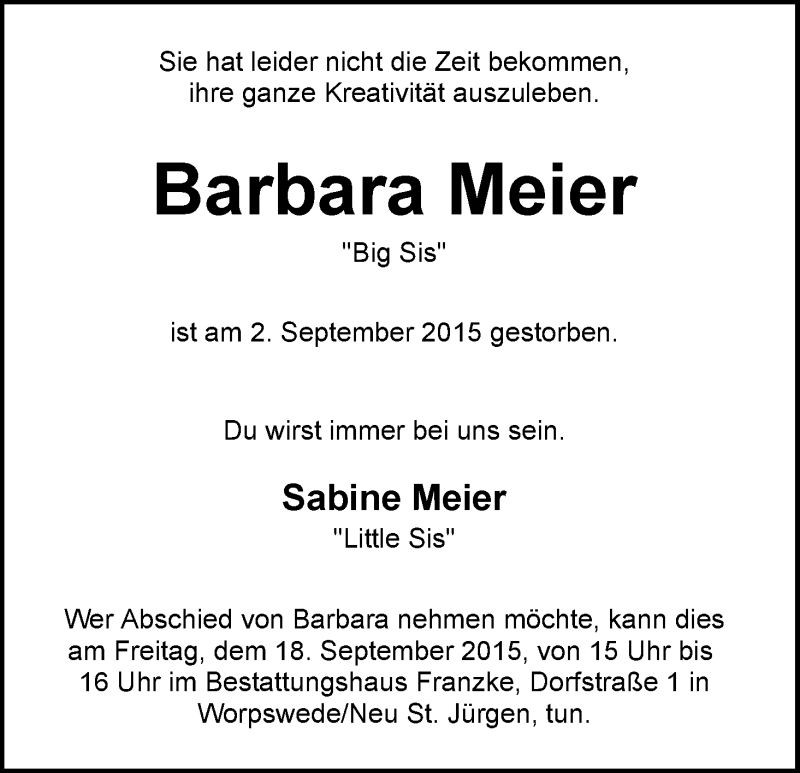 Traueranzeige von Brabara Meier von Wuemme Zeitung
