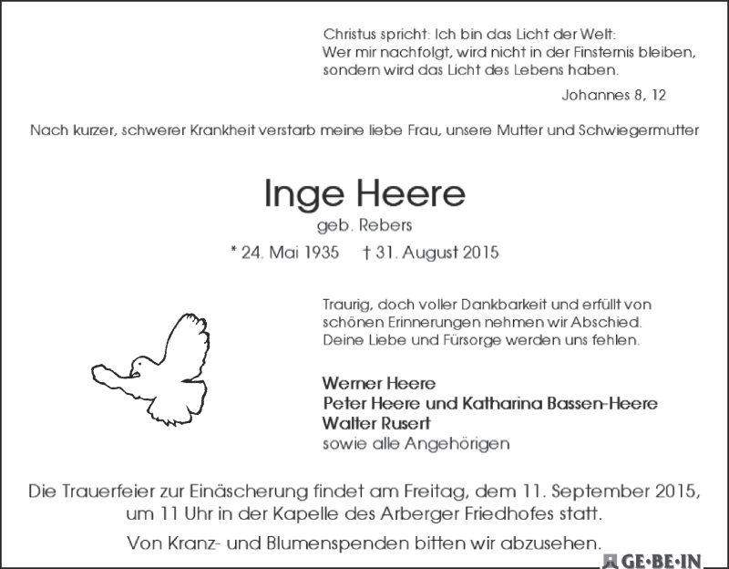  Traueranzeige für Inge Heere vom 07.09.2015 aus WESER-KURIER