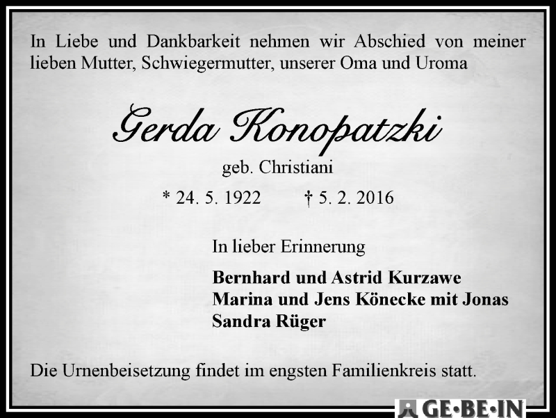 Traueranzeige von Gerda Konopatzki von WESER-KURIER