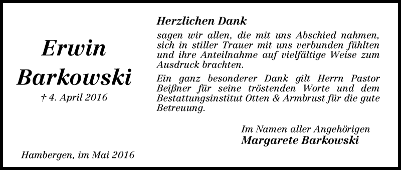 Traueranzeige von Erwin Barkowski von Osterholzer Kreisblatt