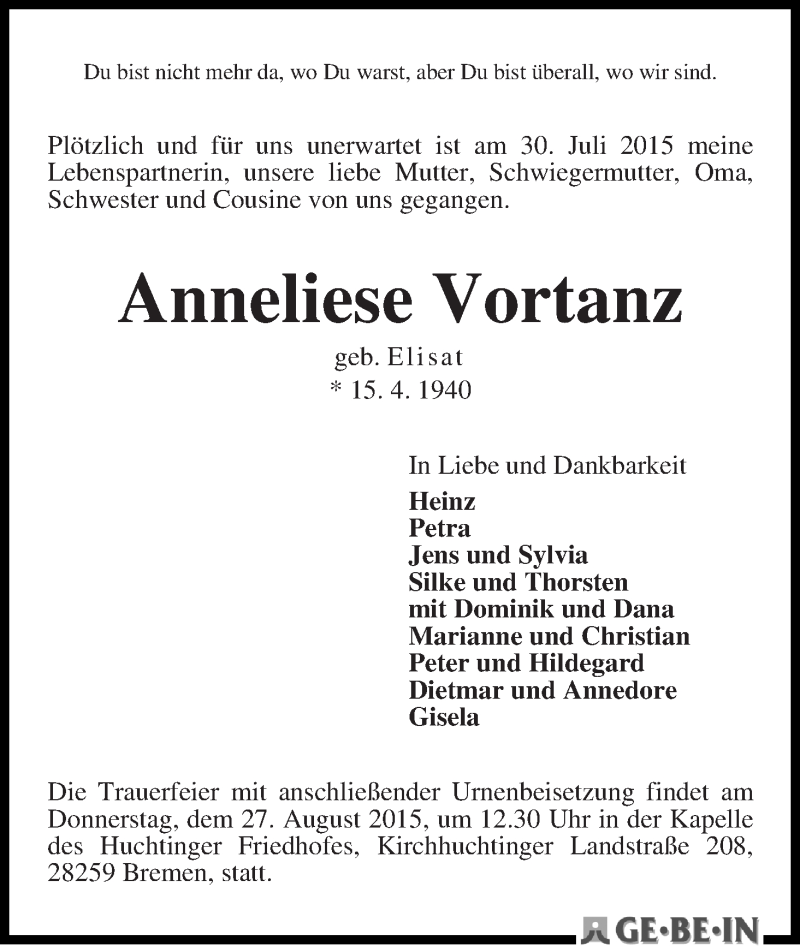 Traueranzeige von Anneliese Vortanz von WESER-KURIER