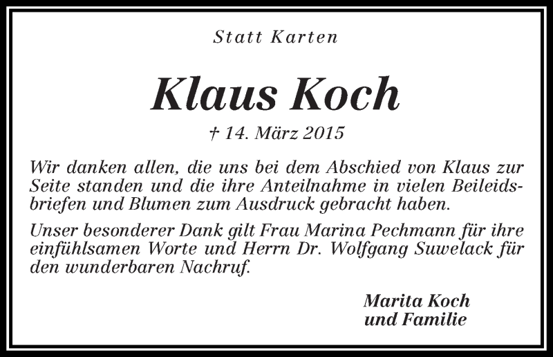 Traueranzeige von Klaus Koch von WESER-KURIER