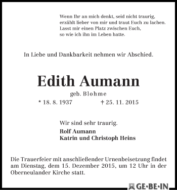 Traueranzeige von Edith Aumann