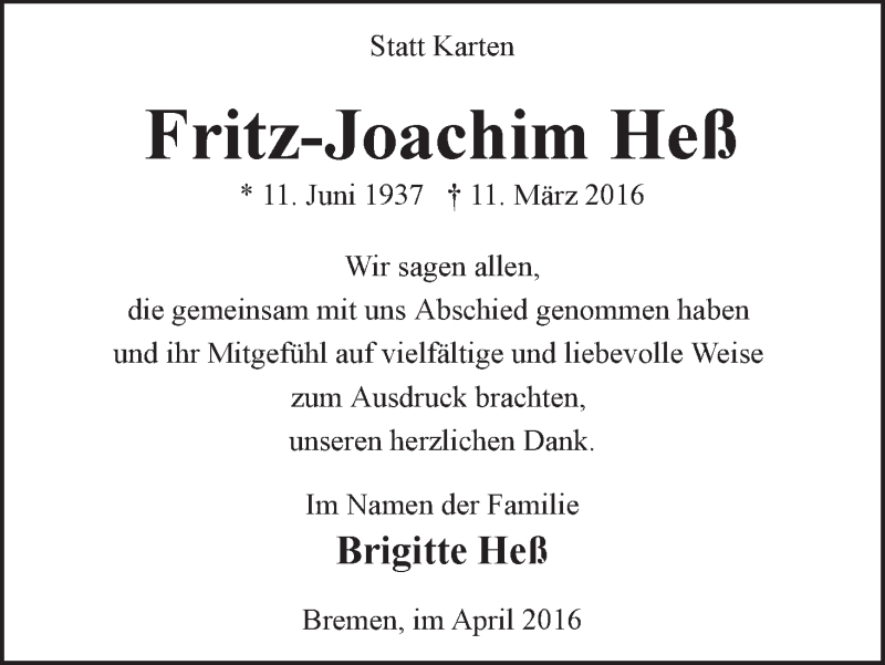 Traueranzeige von Fritz-Joachim Heß von WESER-KURIER