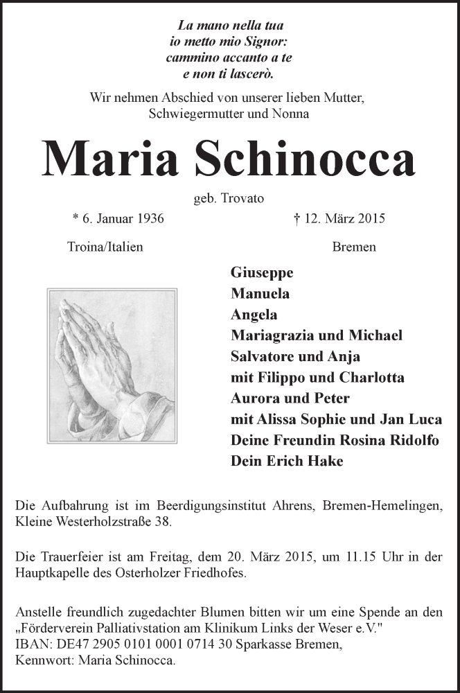 Traueranzeige von Maria Schinocca von WESER-KURIER
