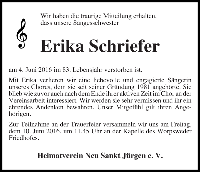 Traueranzeige von Erika Schriefer von Wuemme Zeitung