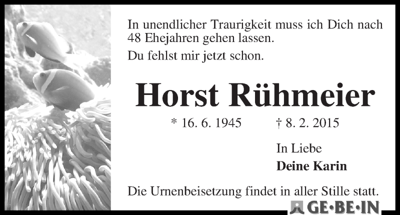 Traueranzeige von Horst Rühmeier von WESER-KURIER