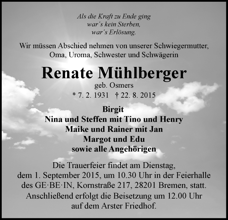 Traueranzeige von Renate Mühlberger von WESER-KURIER