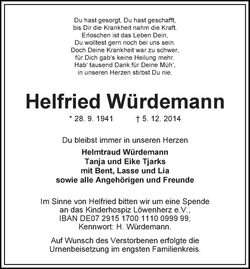 Traueranzeige von Helfried Würdemann von WESER-KURIER