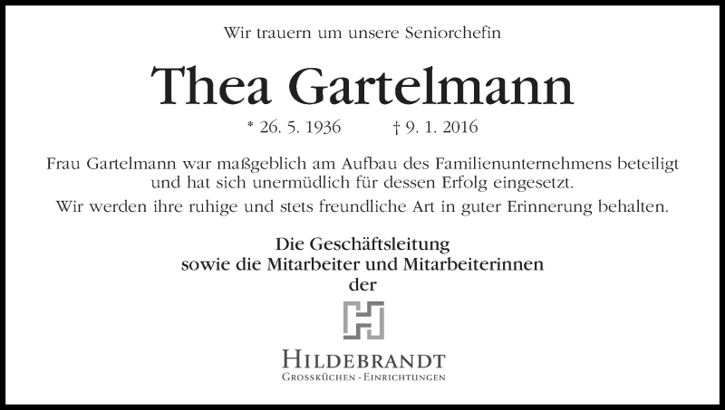 Traueranzeige von Thea Gartelmann von WESER-KURIER