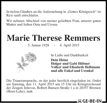 Traueranzeige von Marie Therese Remmers