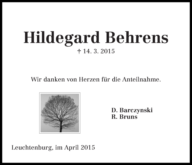  Traueranzeige für Hildegard Behrens vom 15.04.2015 aus Die Norddeutsche